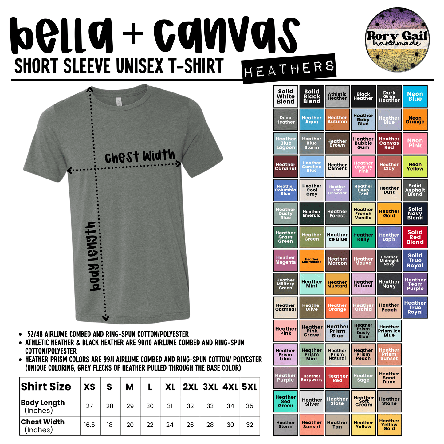 Color and size chart for Bella Canvas 3001CVC Heathered tees