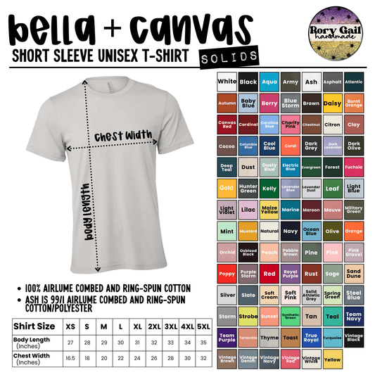 Color and size chart for Bella Canvas 3001 Solid tees
