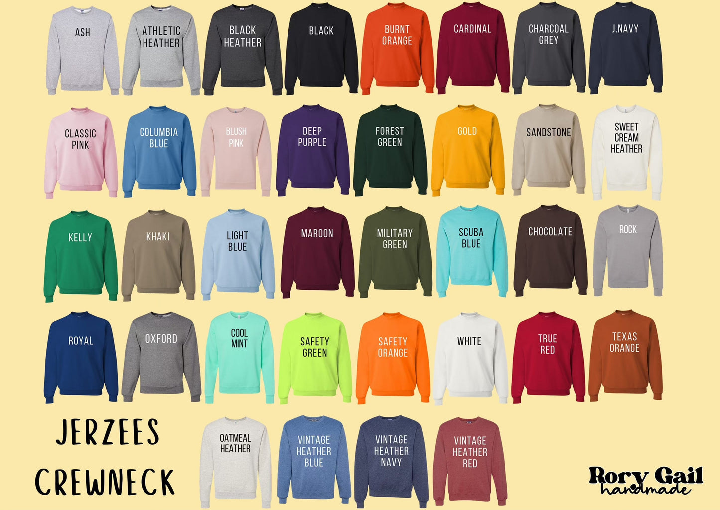 Color chart for Jerzees crewneck sweatshirts