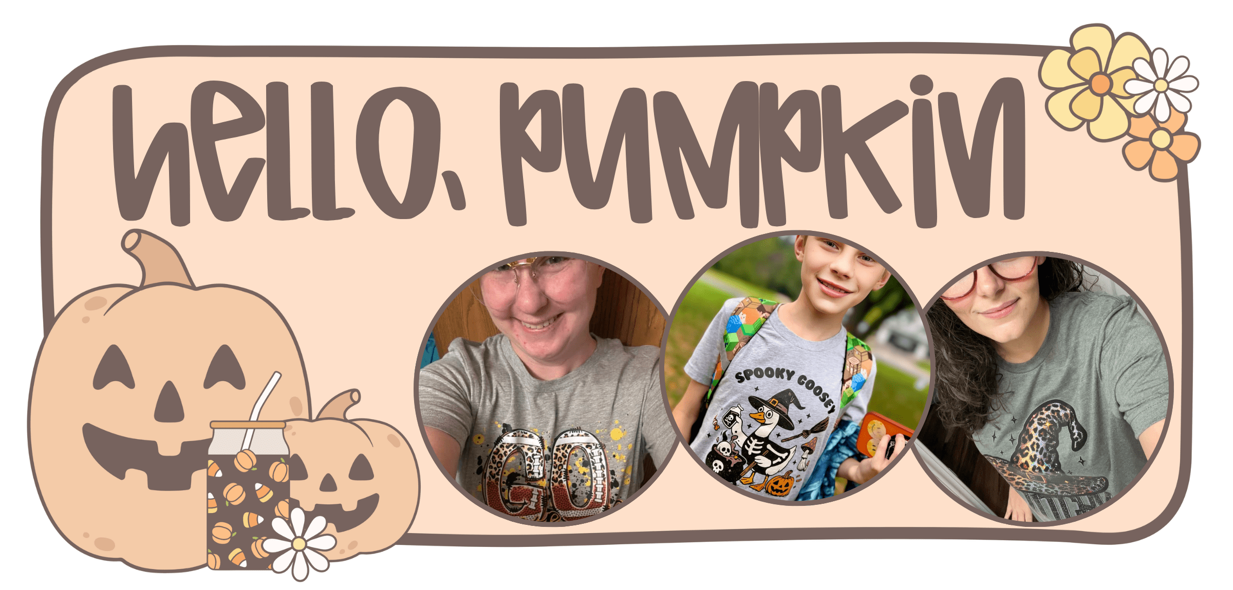 Fall graphic tee showcase with pumpkins, Halloween tumbler illustration, and customers modeling Rory Gail Handmade shirts.