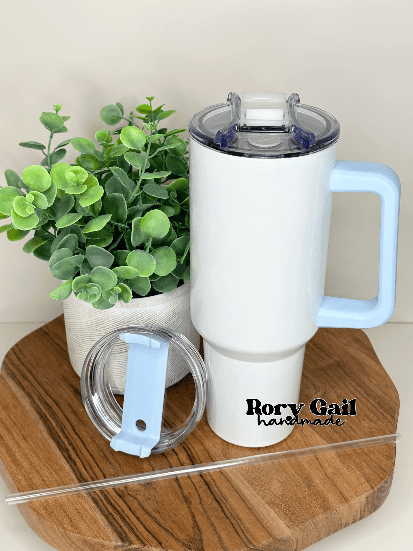 Rory Gail Handmade Blue Handle - White Tumbler 40oz Quencher
