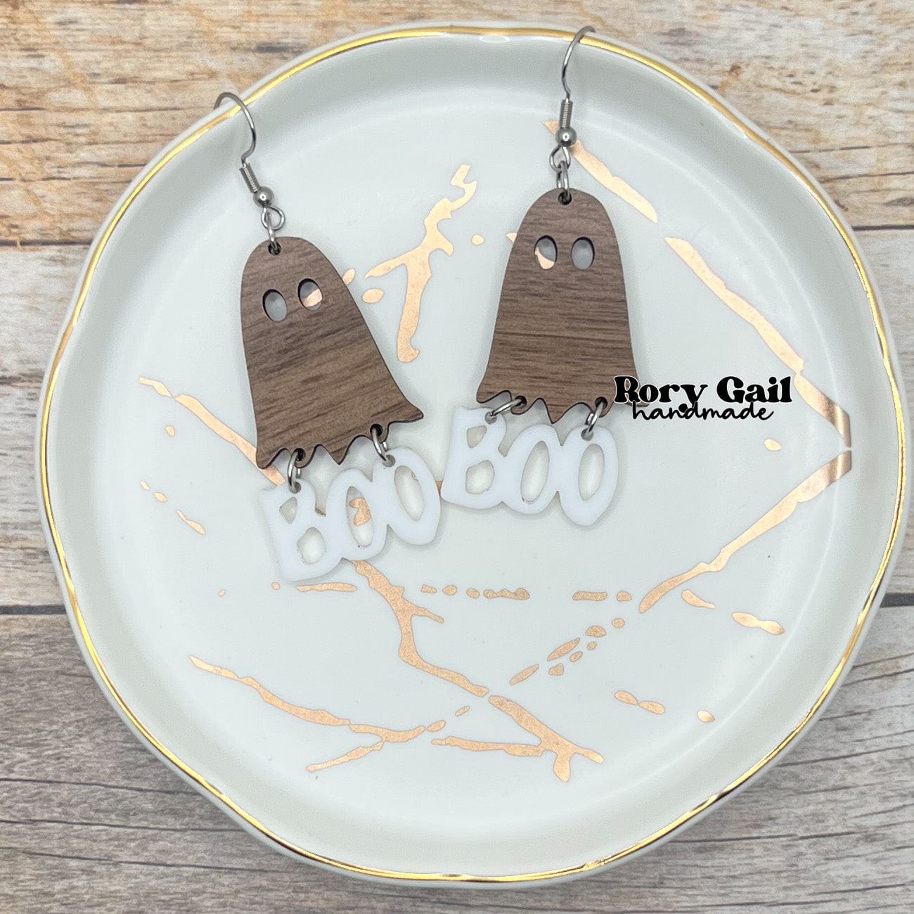 Rory Gail Handmade Boo Ghost Wood and Acrylic Earrings