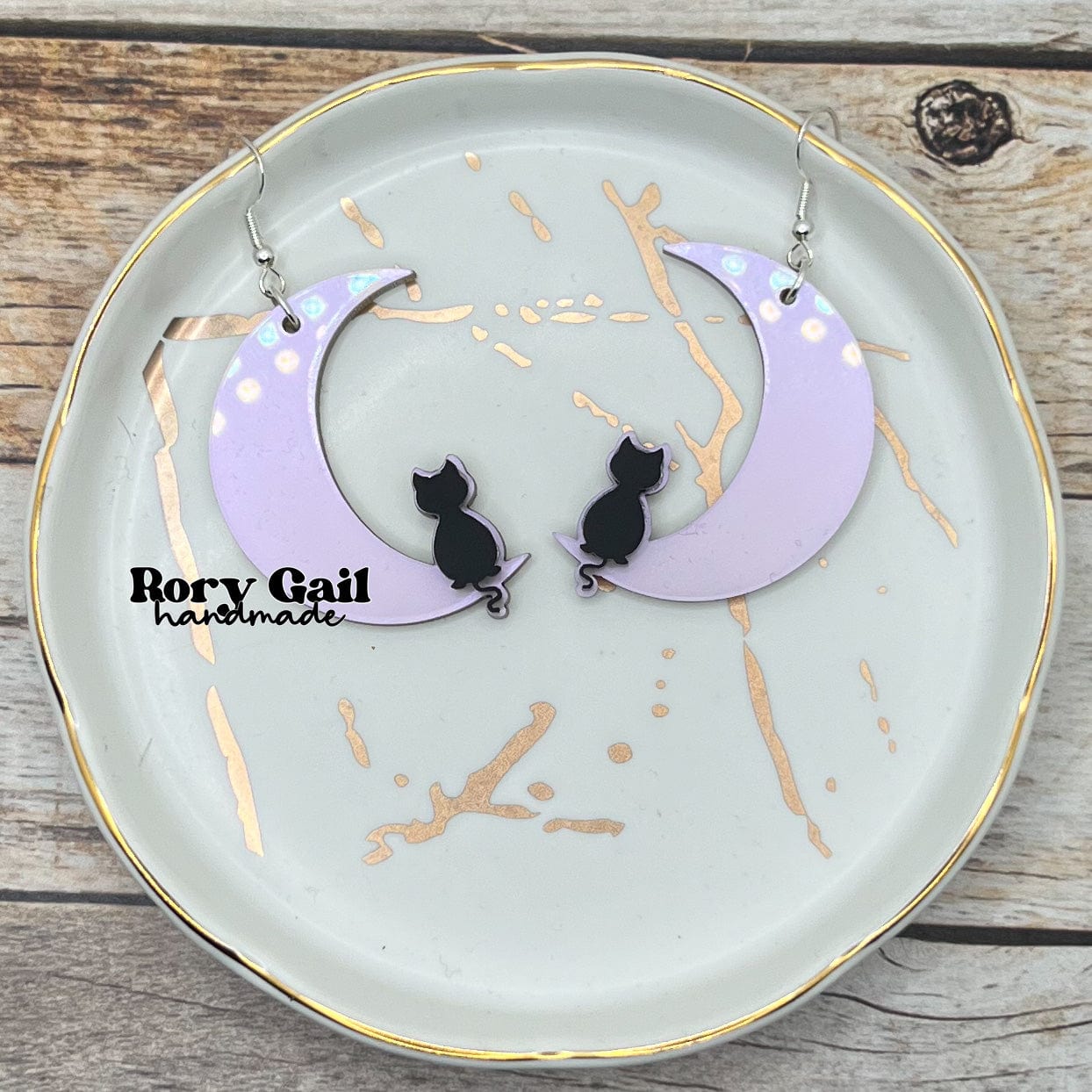Rory Gail Handmade Crescent Moon and Black Car Iridescent Acrylic Earrings