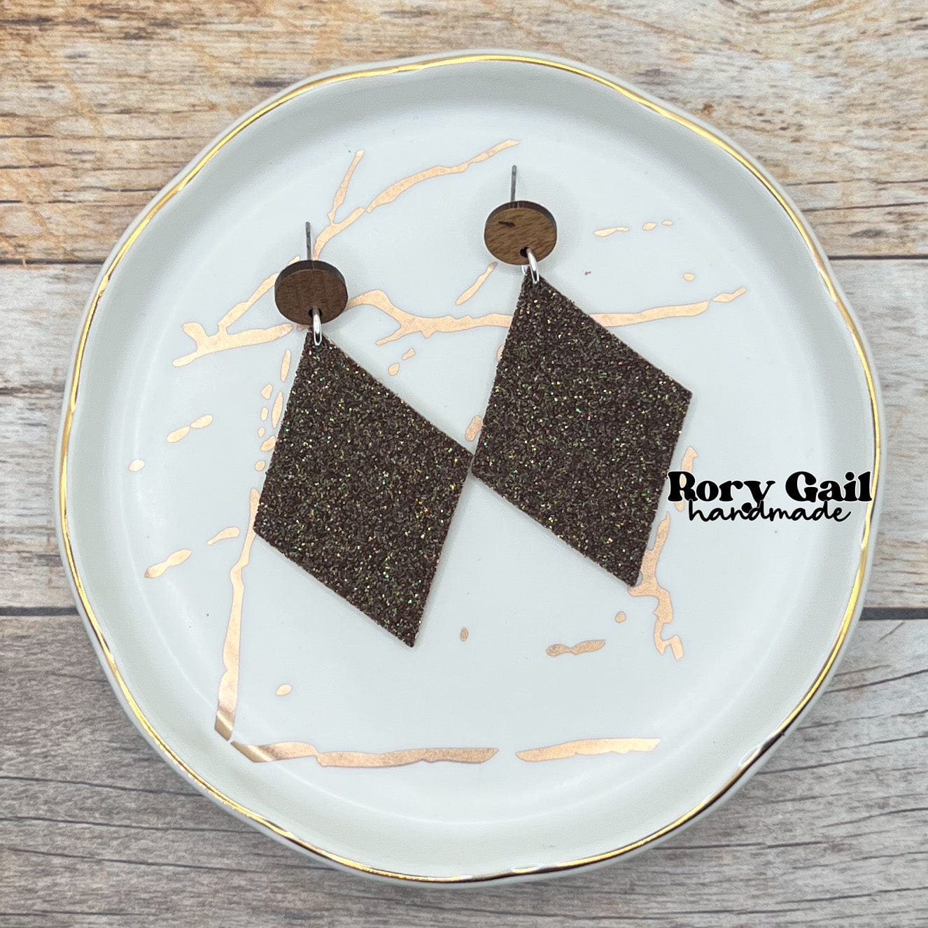 Rory Gail Handmade Earrings Brown Glitter Cork 2 inch Diamond Dangles