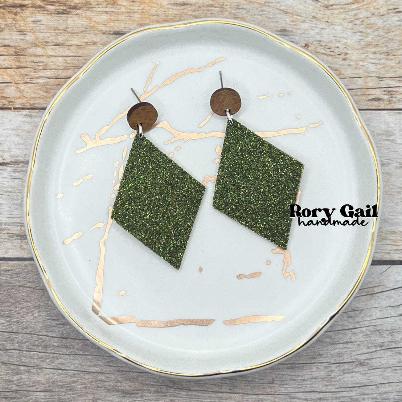 Rory Gail Handmade Earrings Olive Glitter Cork 2 inch Diamond Dangles