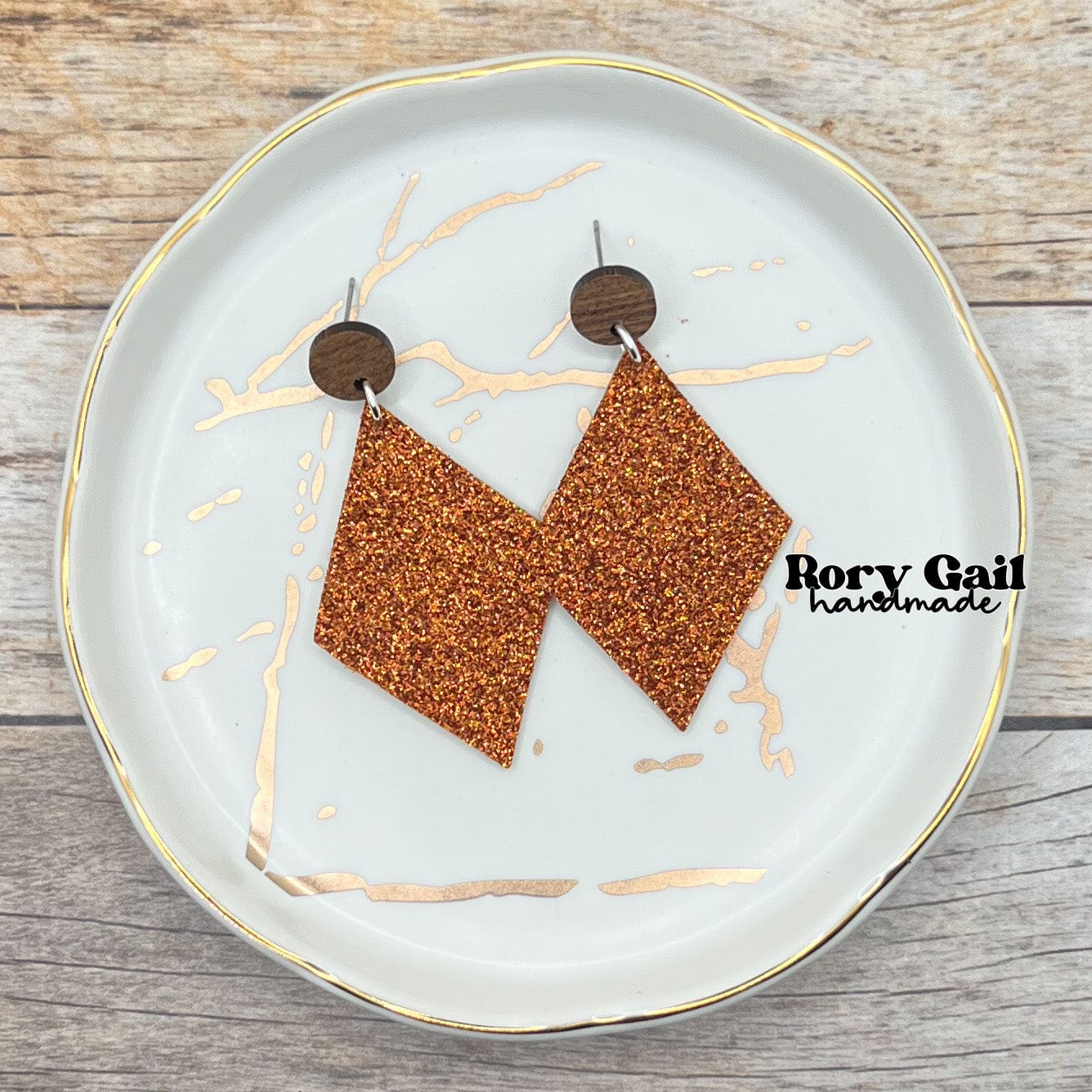 Rory Gail Handmade Earrings Orange Glitter Cork 2 inch Diamond Dangles