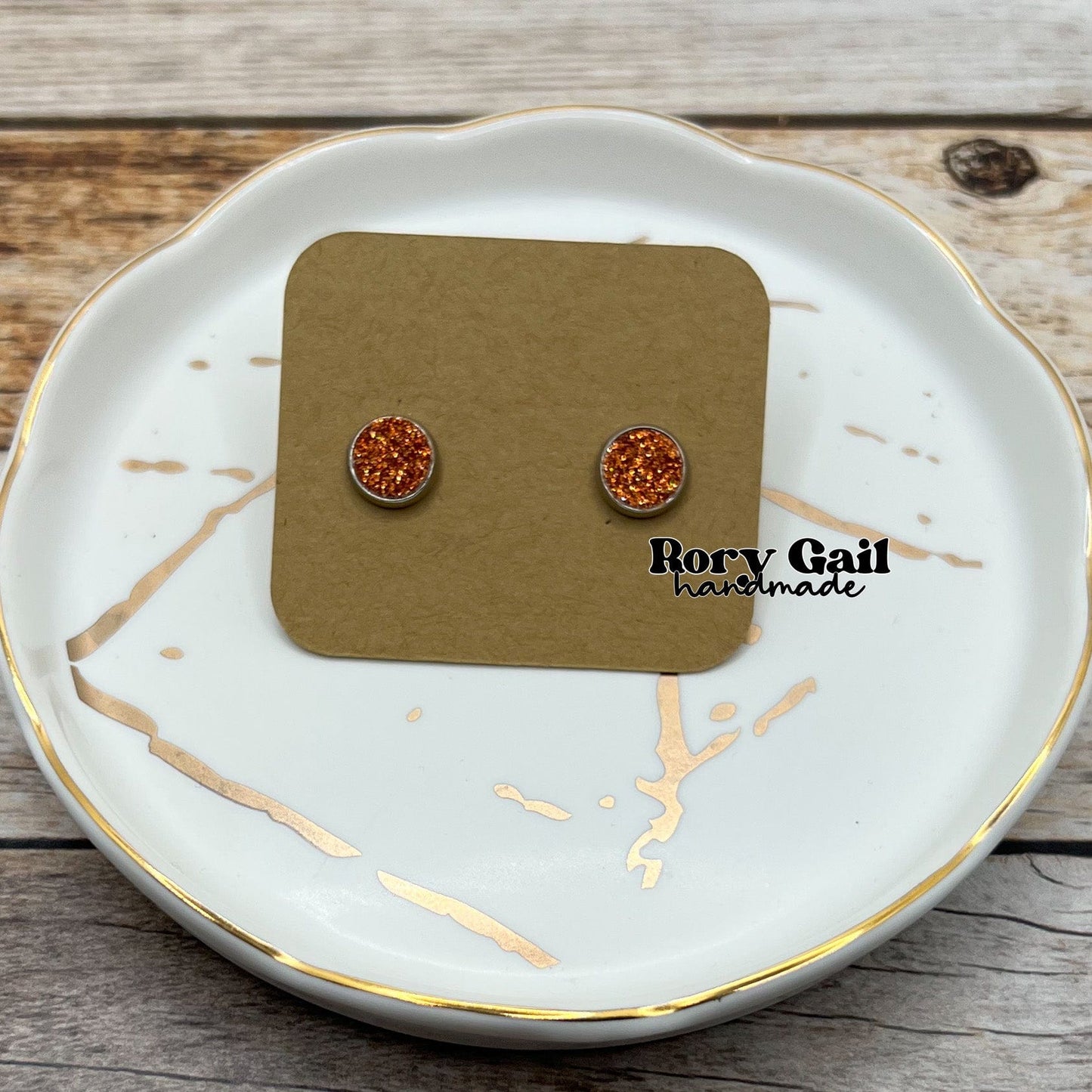 Rory Gail Handmade Earrings Orange Glitter Cork 8mm Stud Earrings