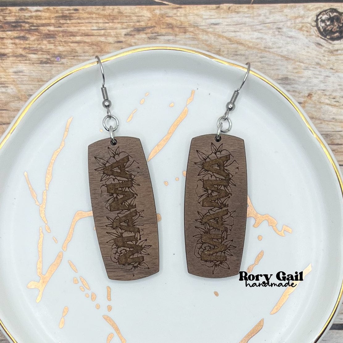 Rory Gail Handmade Floral Mama Engraved Wood Bar Earrings
