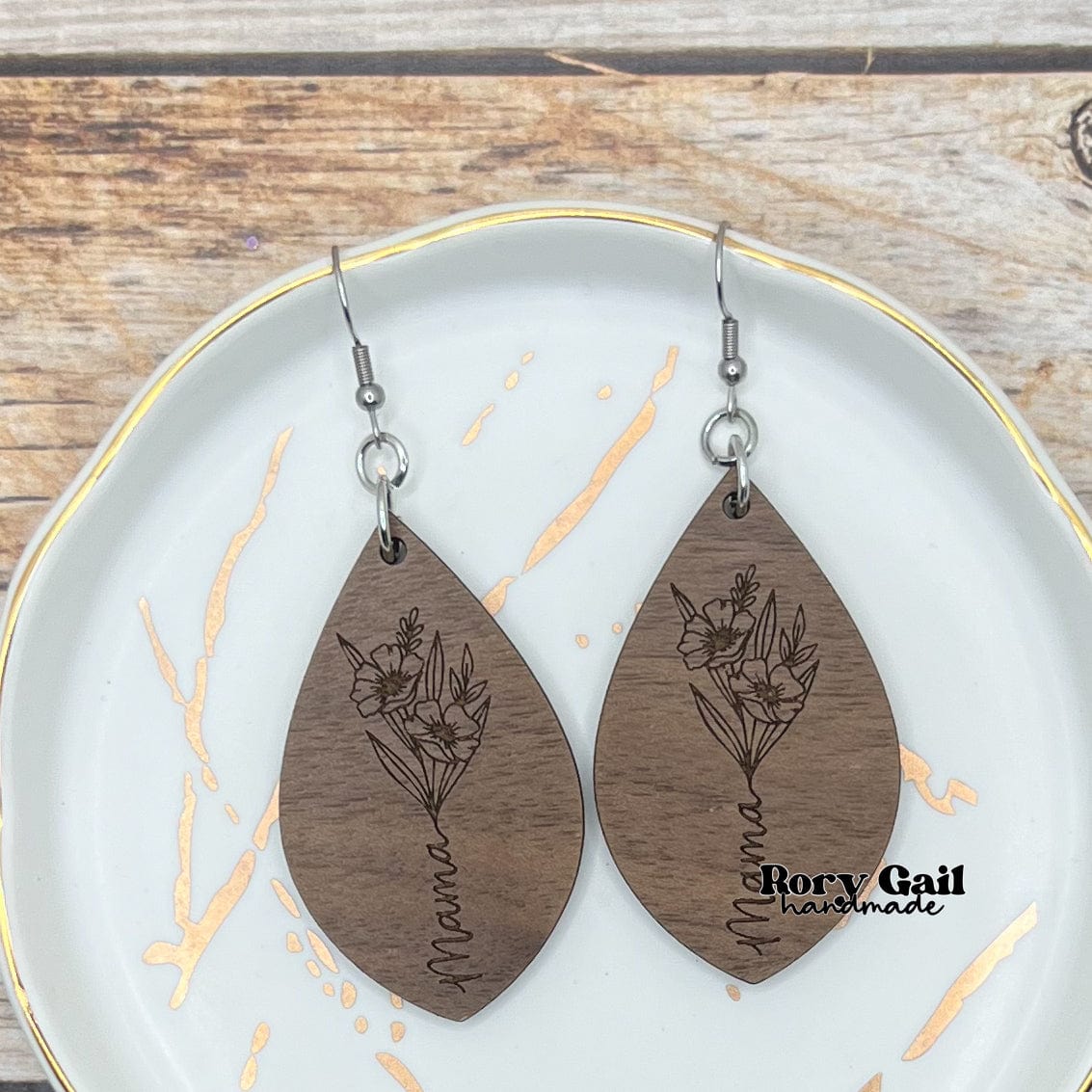 Rory Gail Handmade Floral Mama Engraved Wood Teardrop Earrings