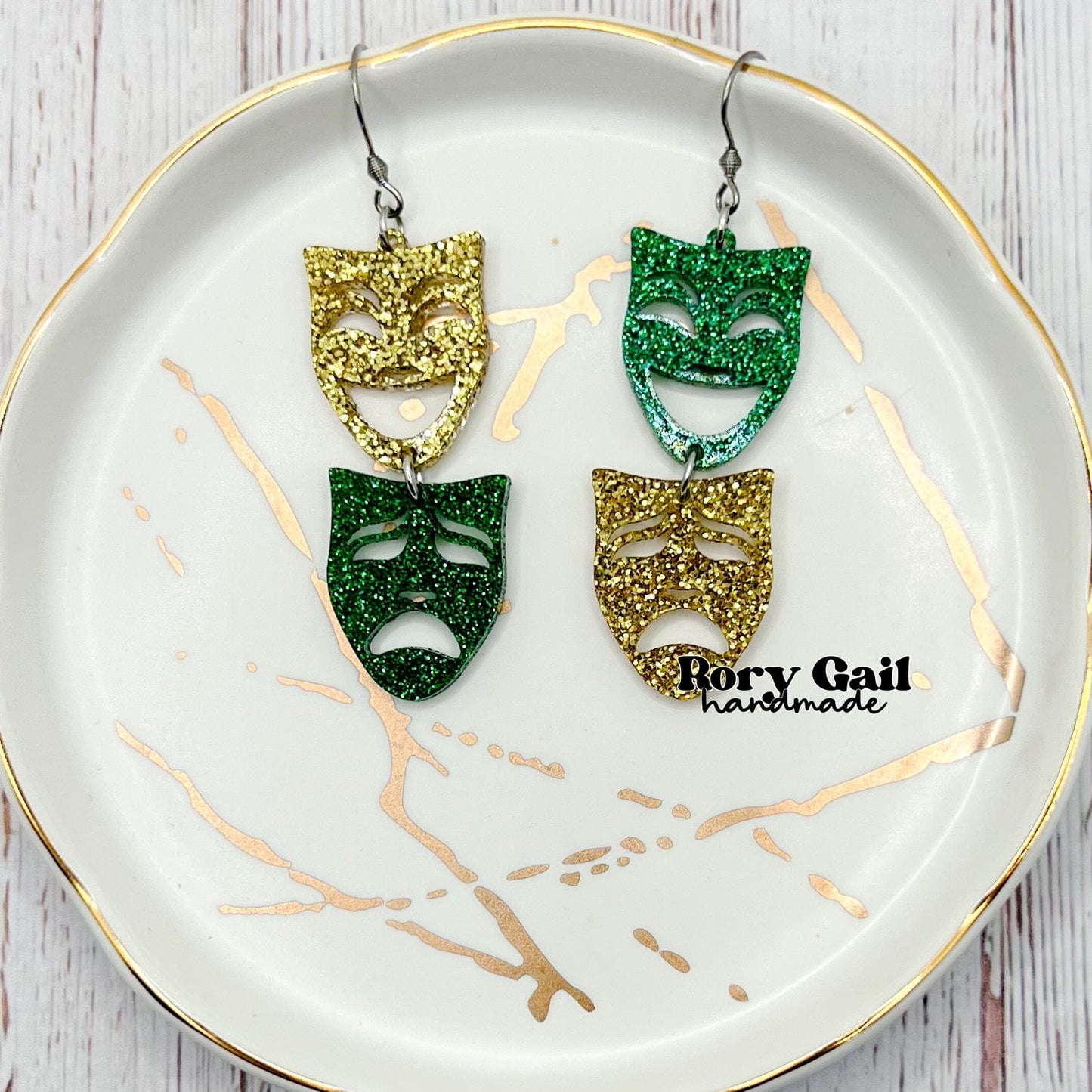Rory Gail Handmade Green and Gold Masks Dangle Acrylic Earrings