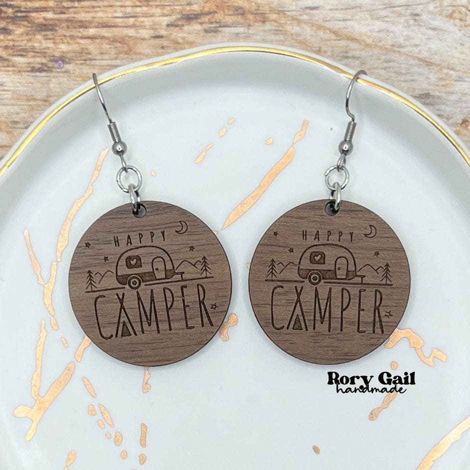 Rory Gail Handmade Happy Camper Wood Circle Earrings