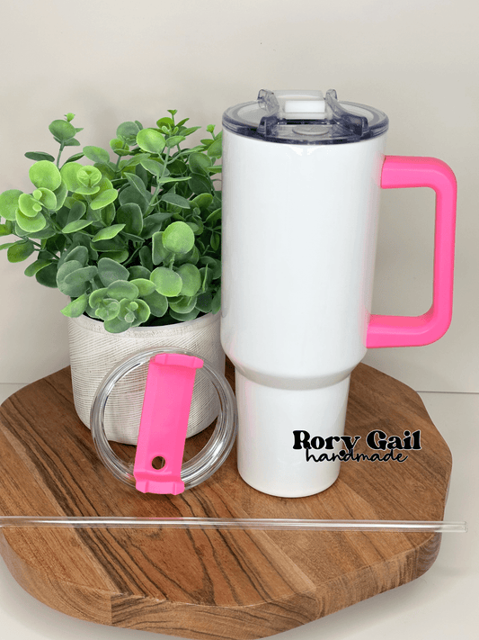 Rory Gail Handmade Hot Pink Handle - White Tumbler Stained Glass Bee 40oz Quencher