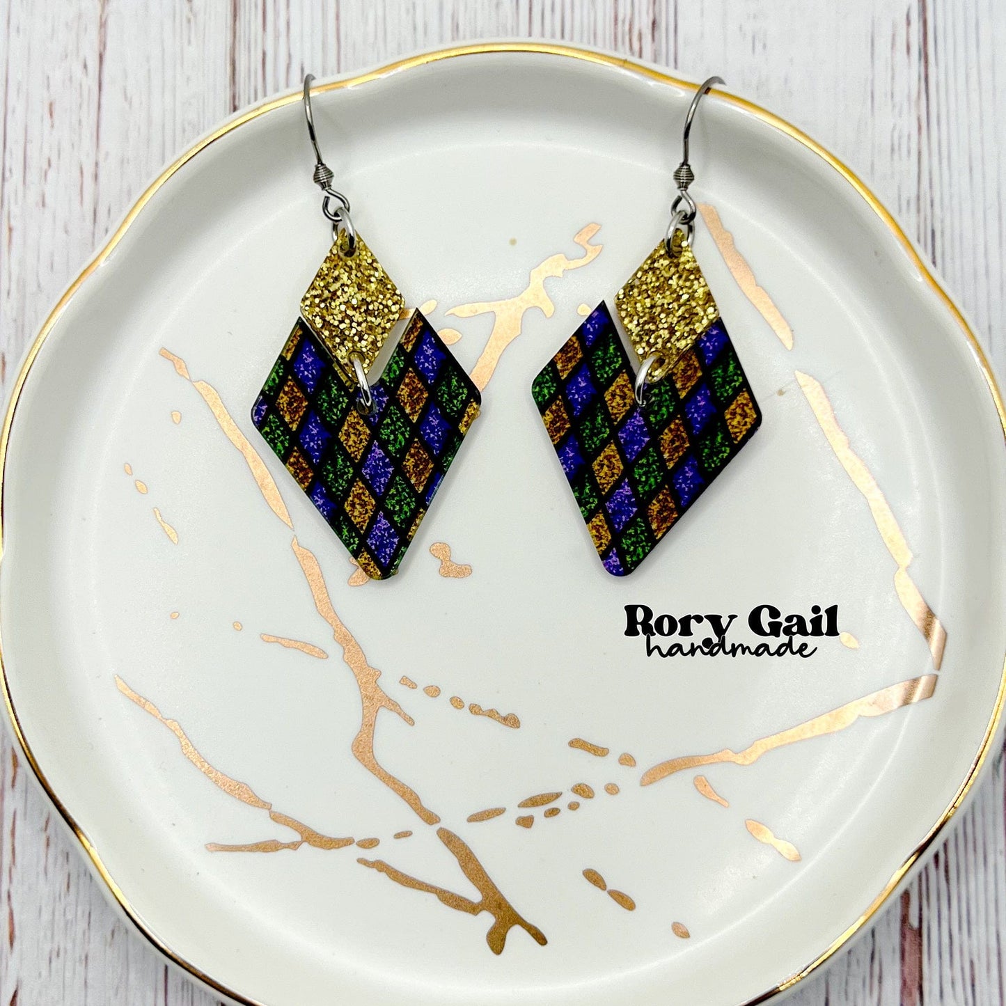Rory Gail Handmade Mardi Gras Diamond Glitter Dangle Acrylic Earrings