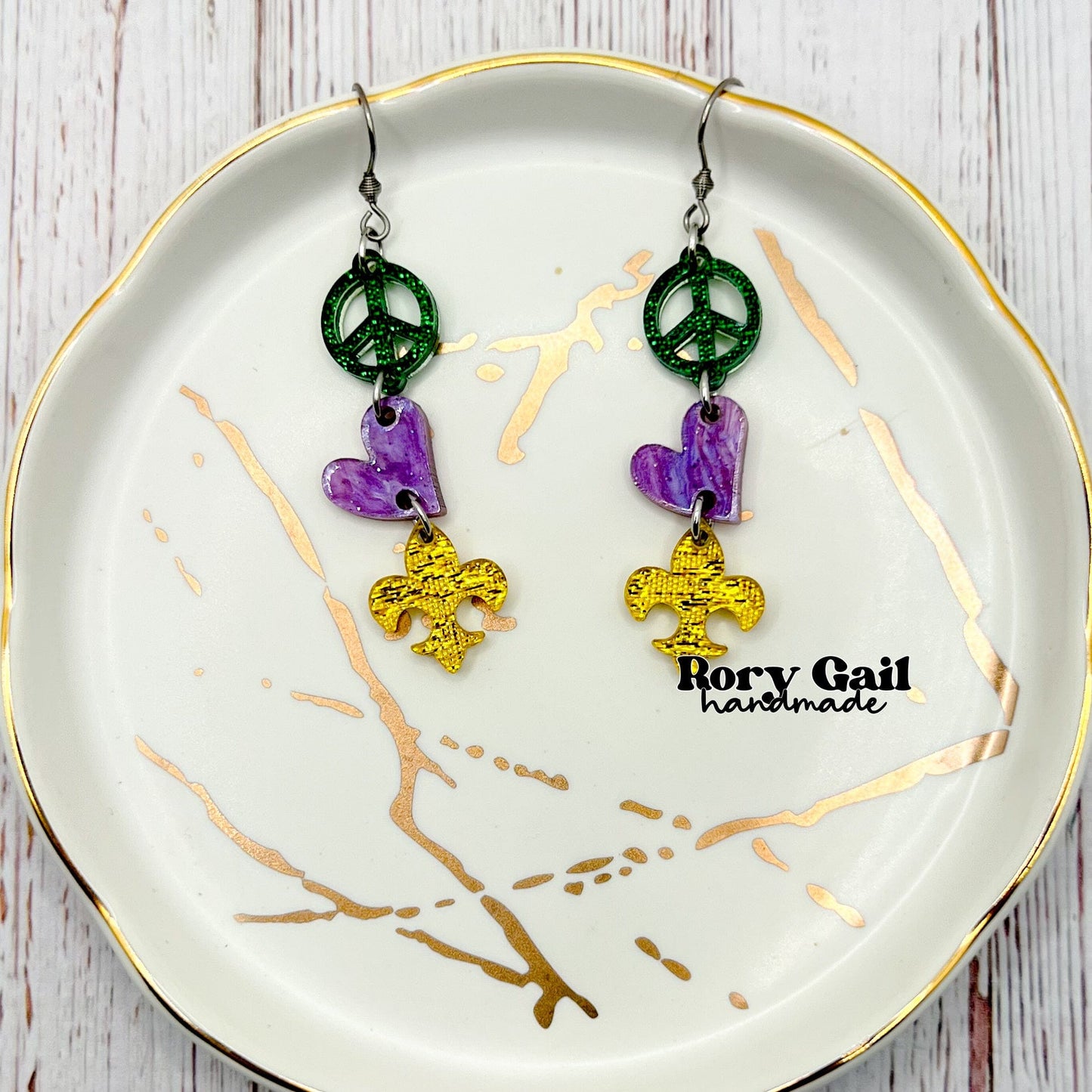 Rory Gail Handmade Mardi Gras Trio Dangle Acrylic Earrings
