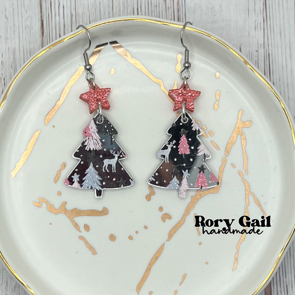 Rory Gail Handmade Mirror Pink Christmas Trees Dangle Acrylic Earrings