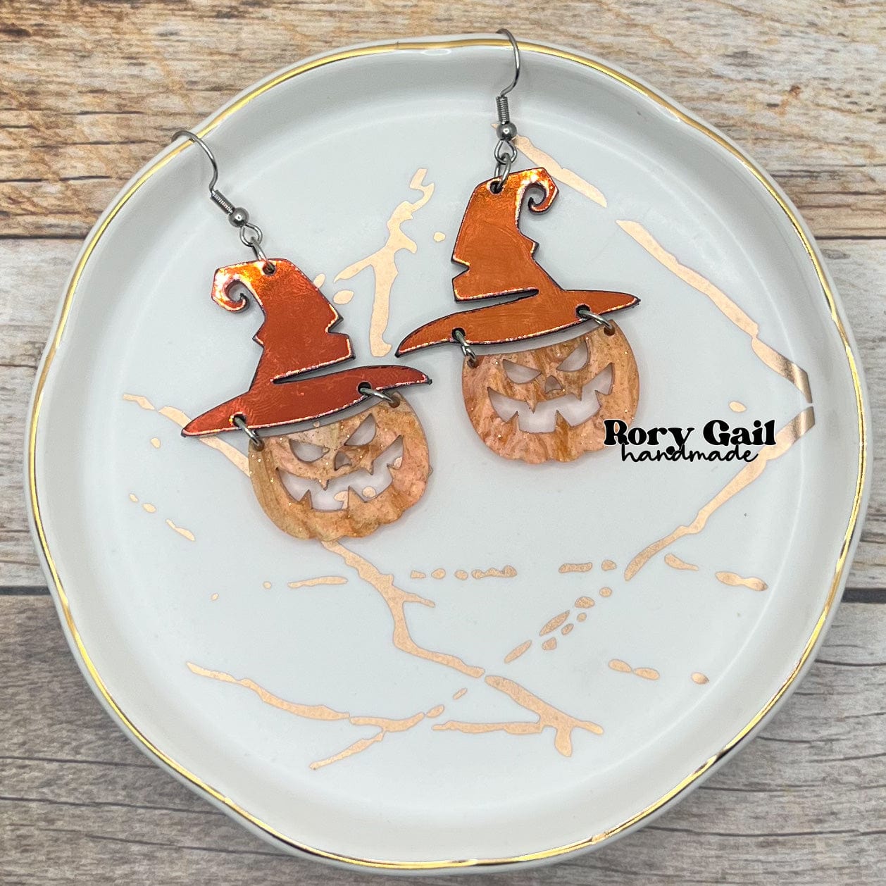 Rory Gail Handmade Mirrored Pumpkin Witch Acrylic Earrings