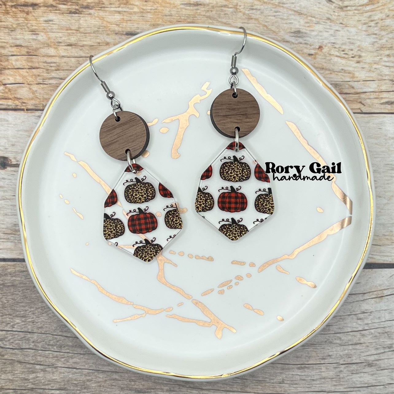 Rory Gail Handmade Patterned Pumpkin Wood and Acrylic Earrings