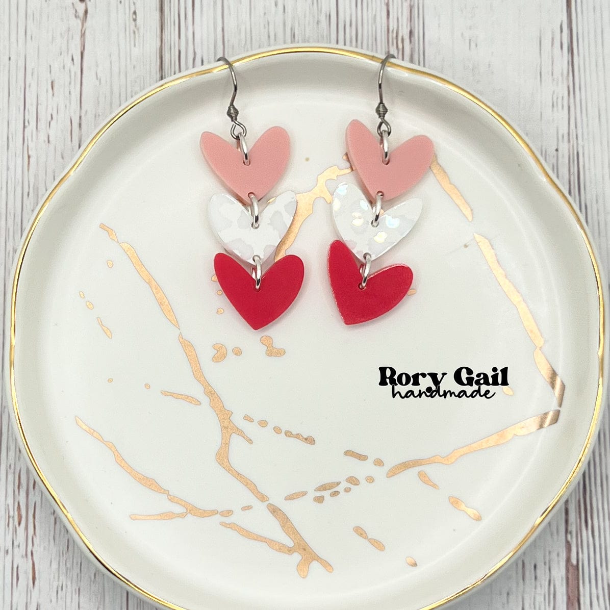 Rory Gail Handmade Pink and White Leoprd Heart Trio Dangle Acrylic Earrings