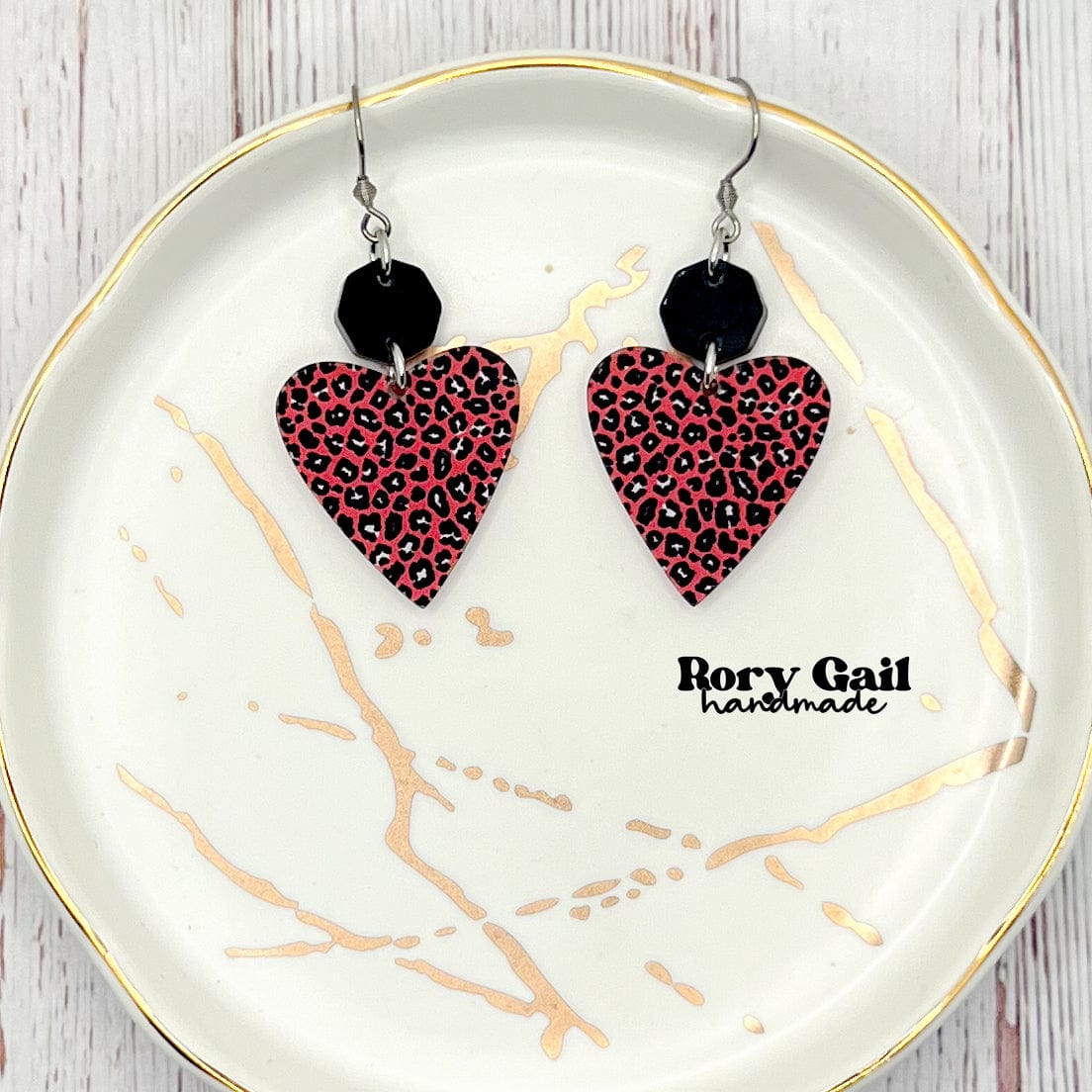 Rory Gail Handmade Pink Leopard Heart Dangle Acrylic Earrings