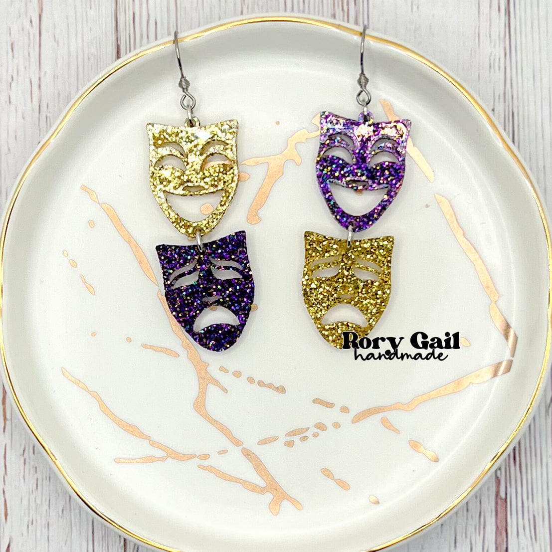 Rory Gail Handmade Purple and Gold Masks Dangle Acrylic Earrings