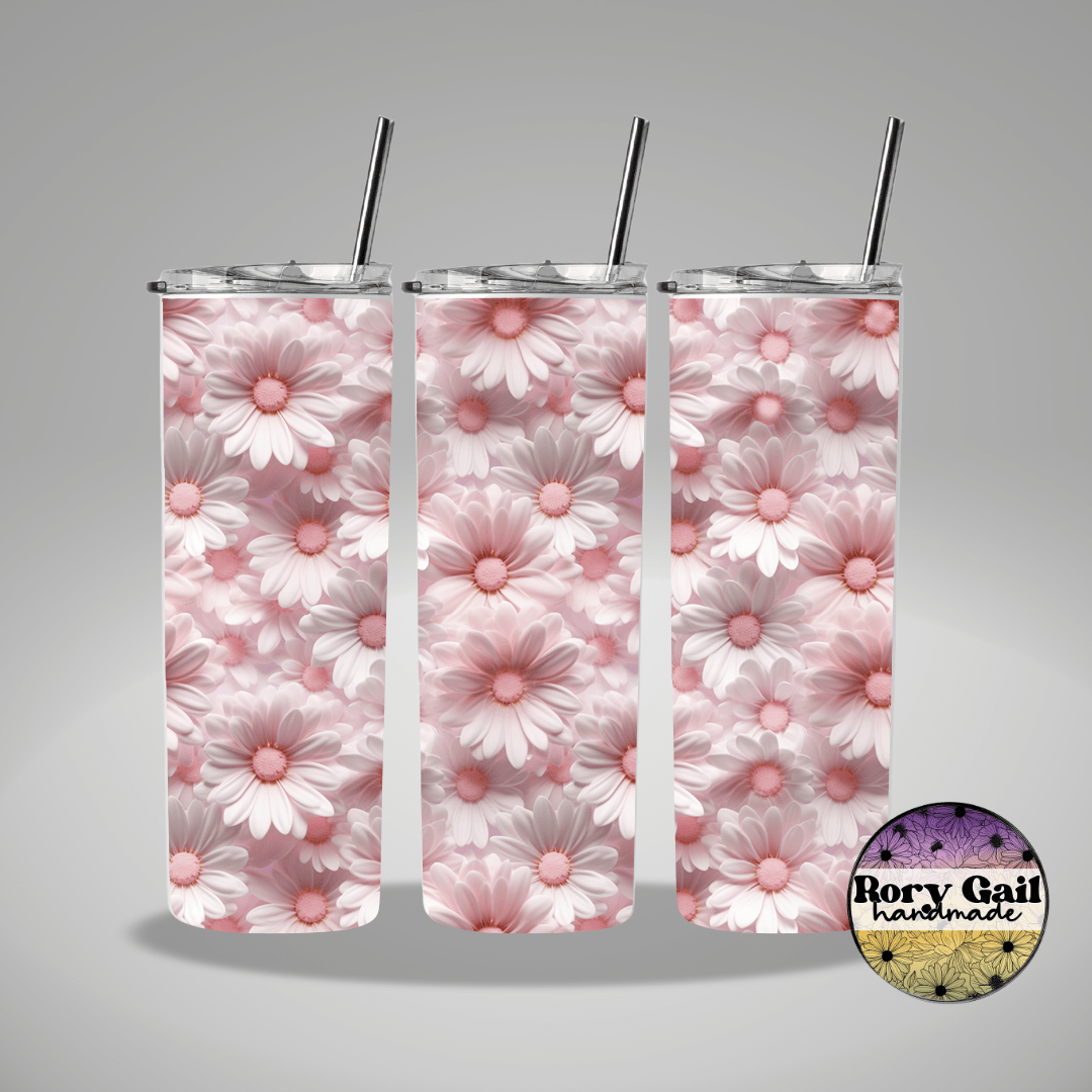 Rory Gail Handmade Tumblers 3D Pink and White Daisies 20oz Skinny Tumbler
