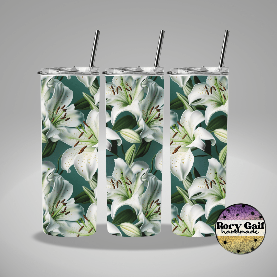 Rory Gail Handmade Tumblers 3D White Lilies 20oz Skinny Tumbler