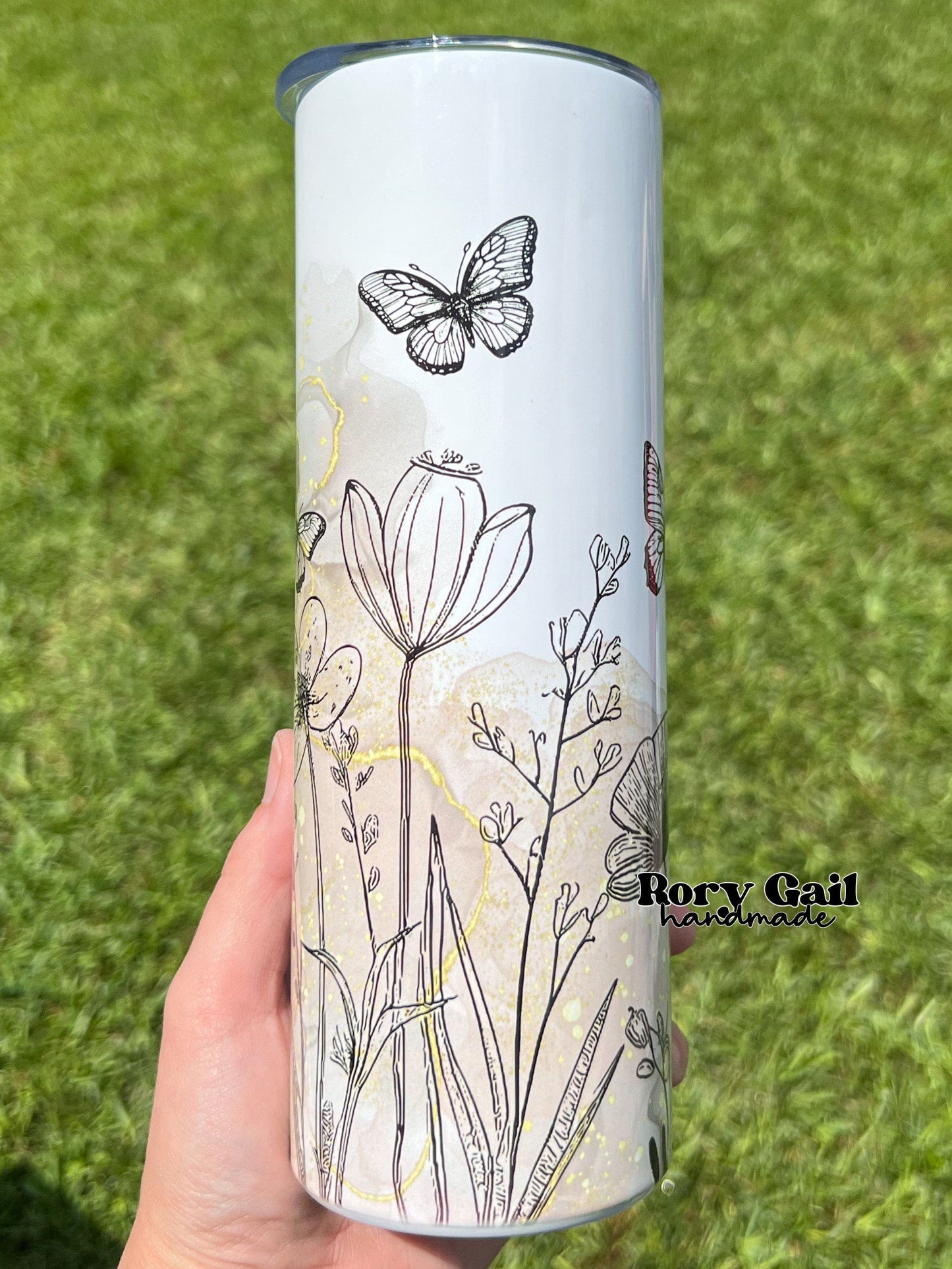 Rory Gail Handmade Tumblers Butterflies and Flowers 20oz Skinny Tumbler