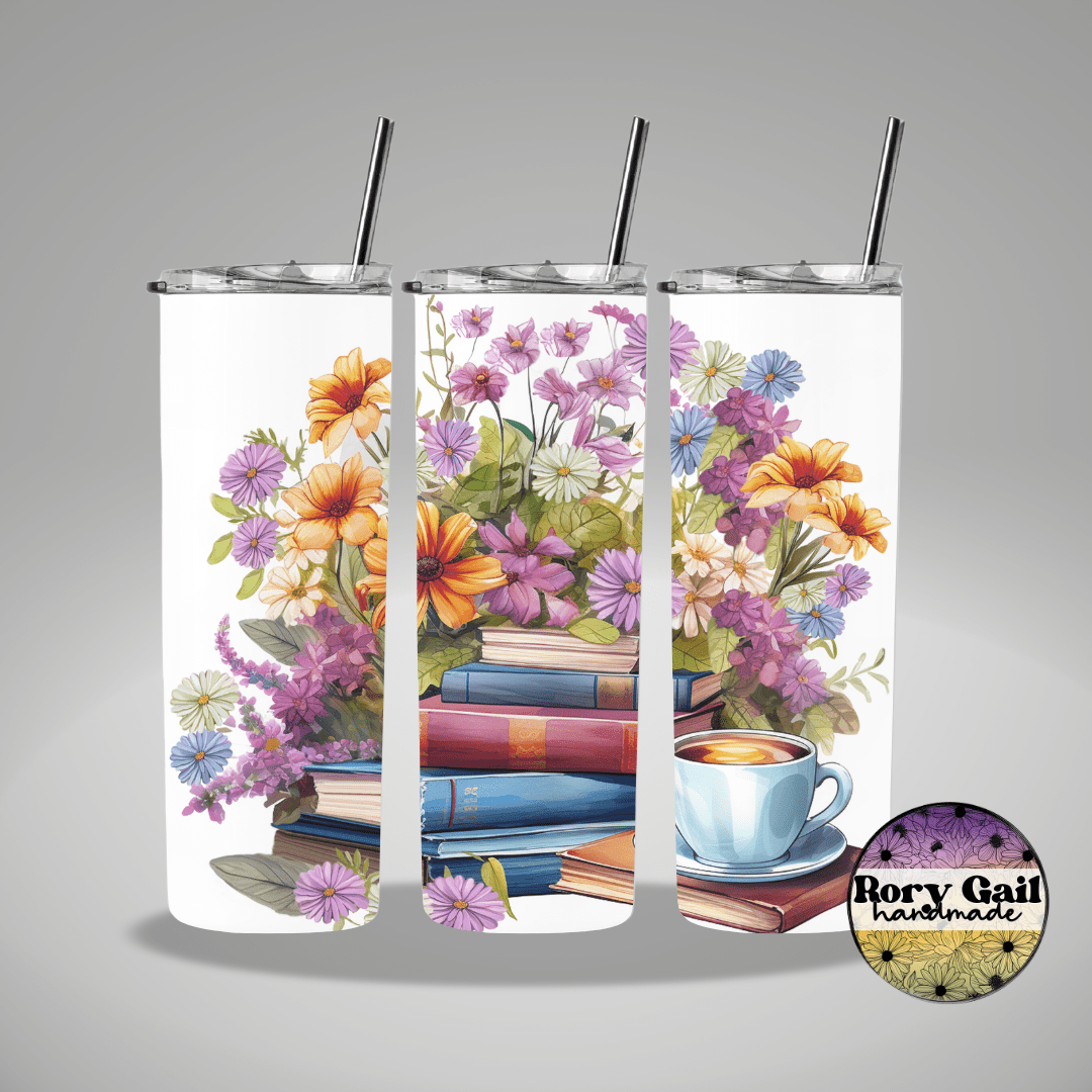 Rory Gail Handmade Tumblers Floral Books and Coffee/Tea 20oz Tumbler