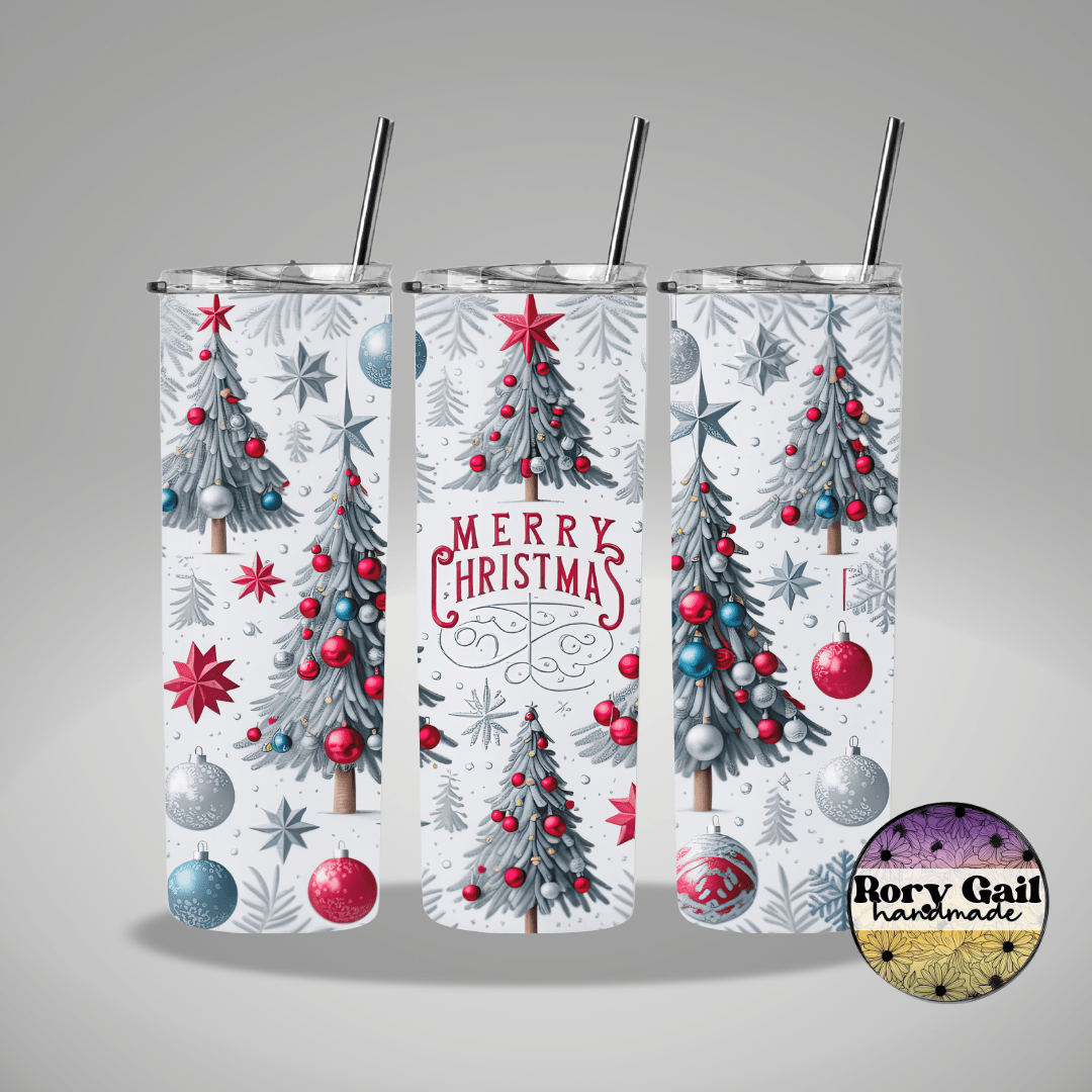 Rory Gail Handmade Tumblers Merry Christmas Silver Trees 20oz Tumbler
