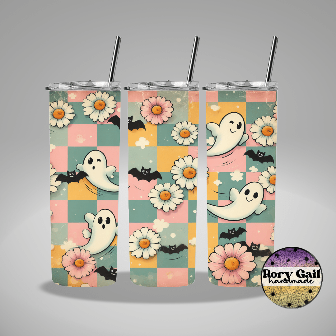 Rory Gail Handmade Tumblers Pastel Checkered Ghosts and Bats 20oz Tumbler