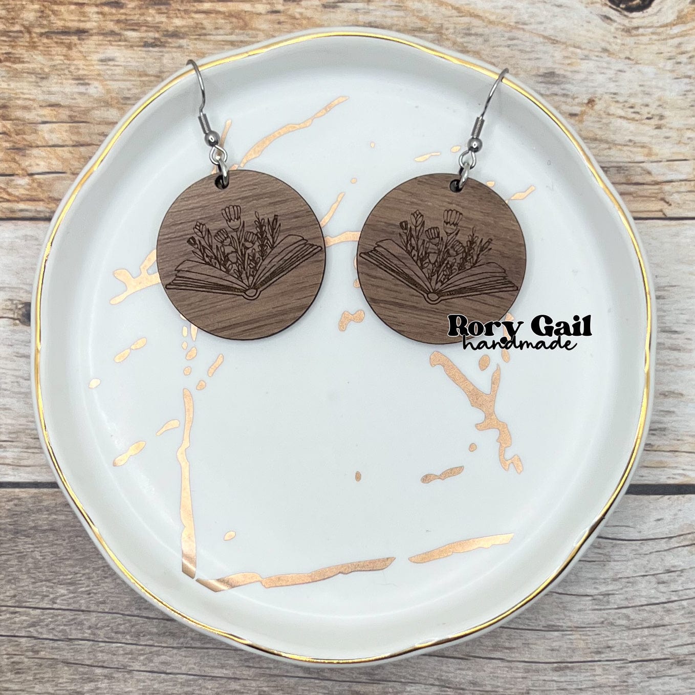 Rory Gail Handmade Wood Circle Engraved Floral Book Earrings