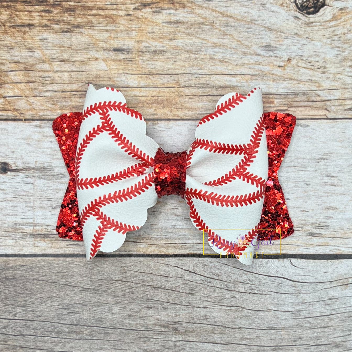 Rory Gail Handmade Bows Baseball Stitches 3.5 inch Scalloped Pinch Bow