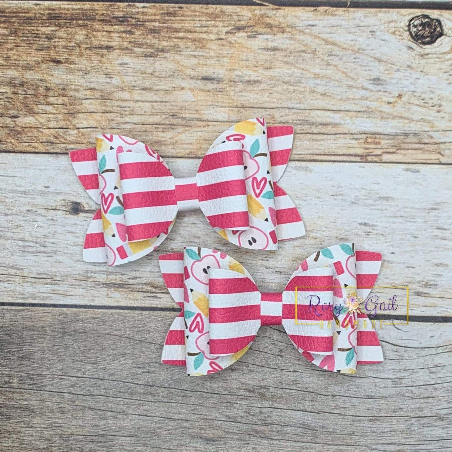 Rory Gail Handmade Bows Pink Apples and Pencils 3” Double Diva Piggies NEW STYLE