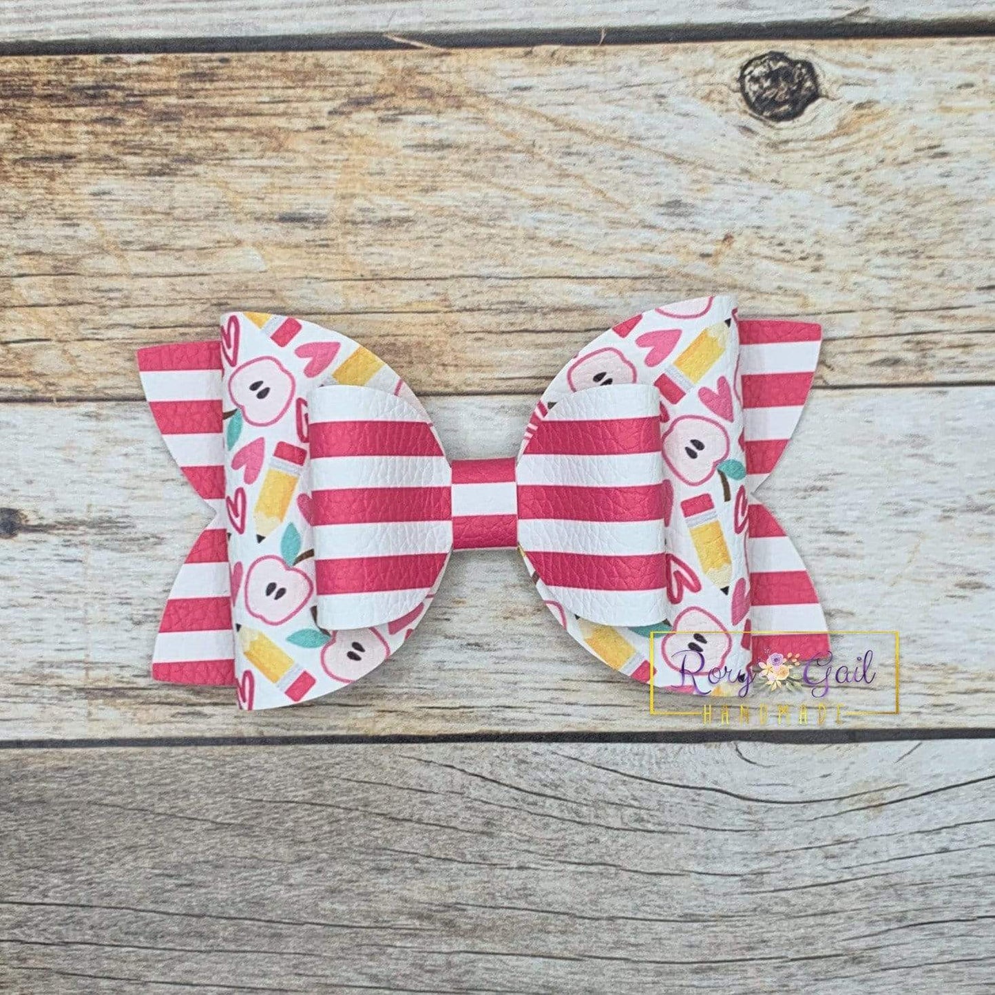 Rory Gail Handmade Bows Pink Apples and Pencils 4” Double Diva Bow