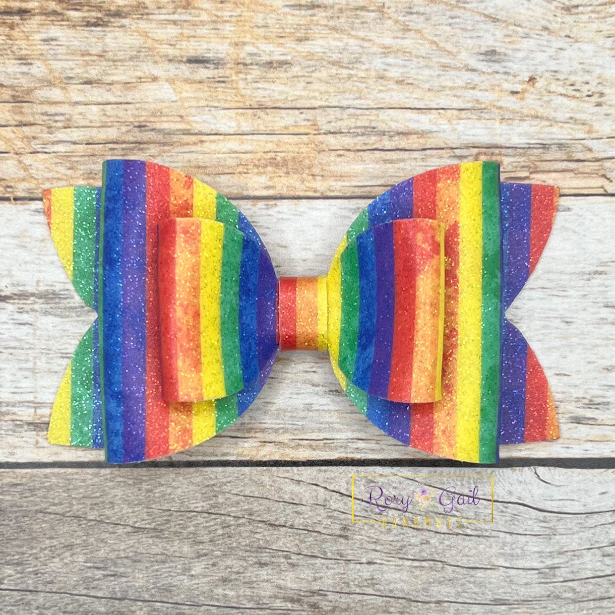 Rory Gail Handmade Bows Rainbow Stripes Faux Glitter 4” Double Diva Bow