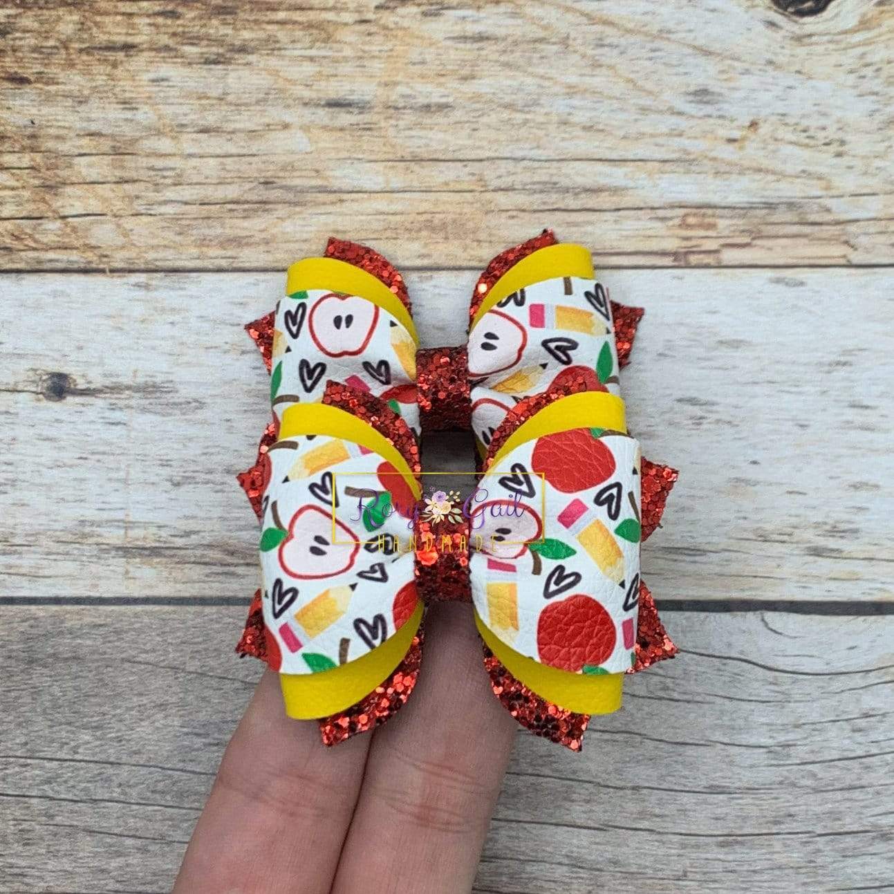 Rory Gail Handmade Bows Red Apples and Pencils 2.5 inch Phoebe Piggies