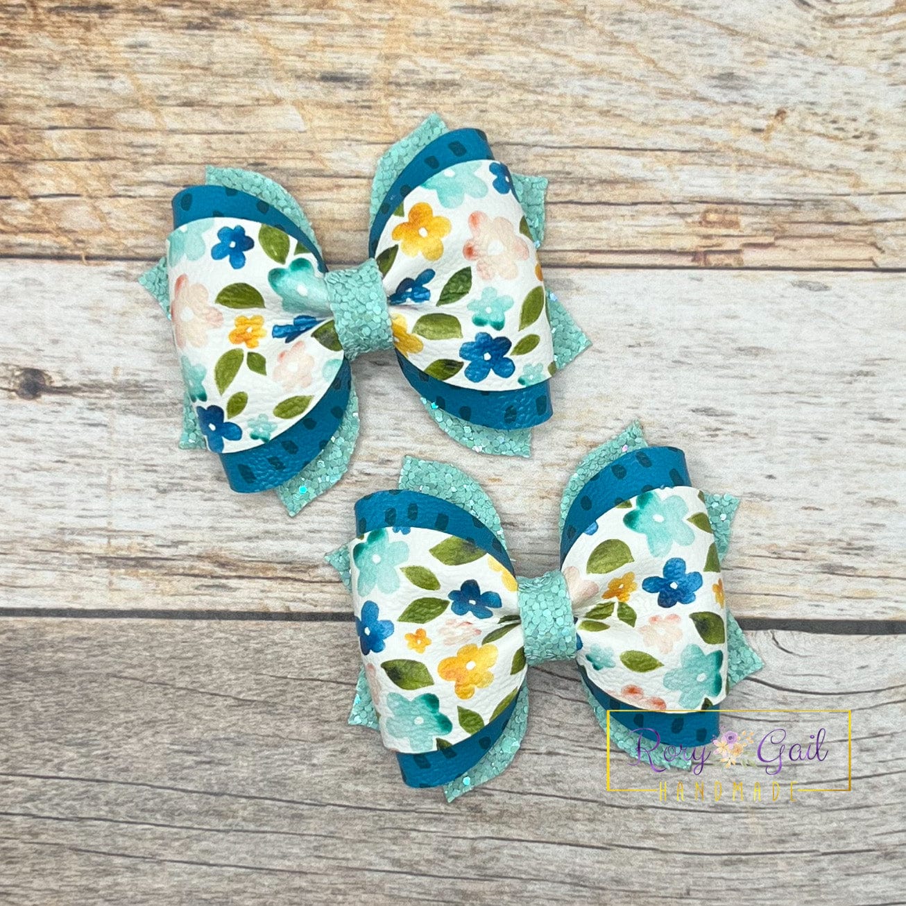 Rory Gail Handmade Bows Teal, Mustard, and Peach Florals 2.5 inch Phoebe Piggies