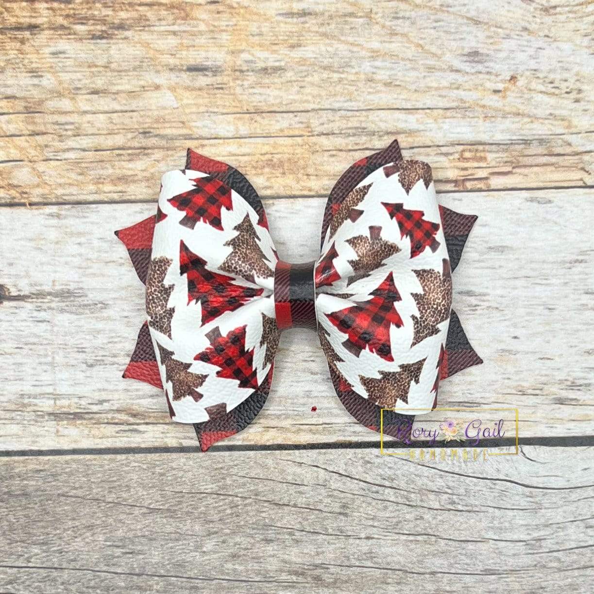 Rory Gail Handmade Buffalo Plaid and Leopard Trees 3 inch Pinch Bow