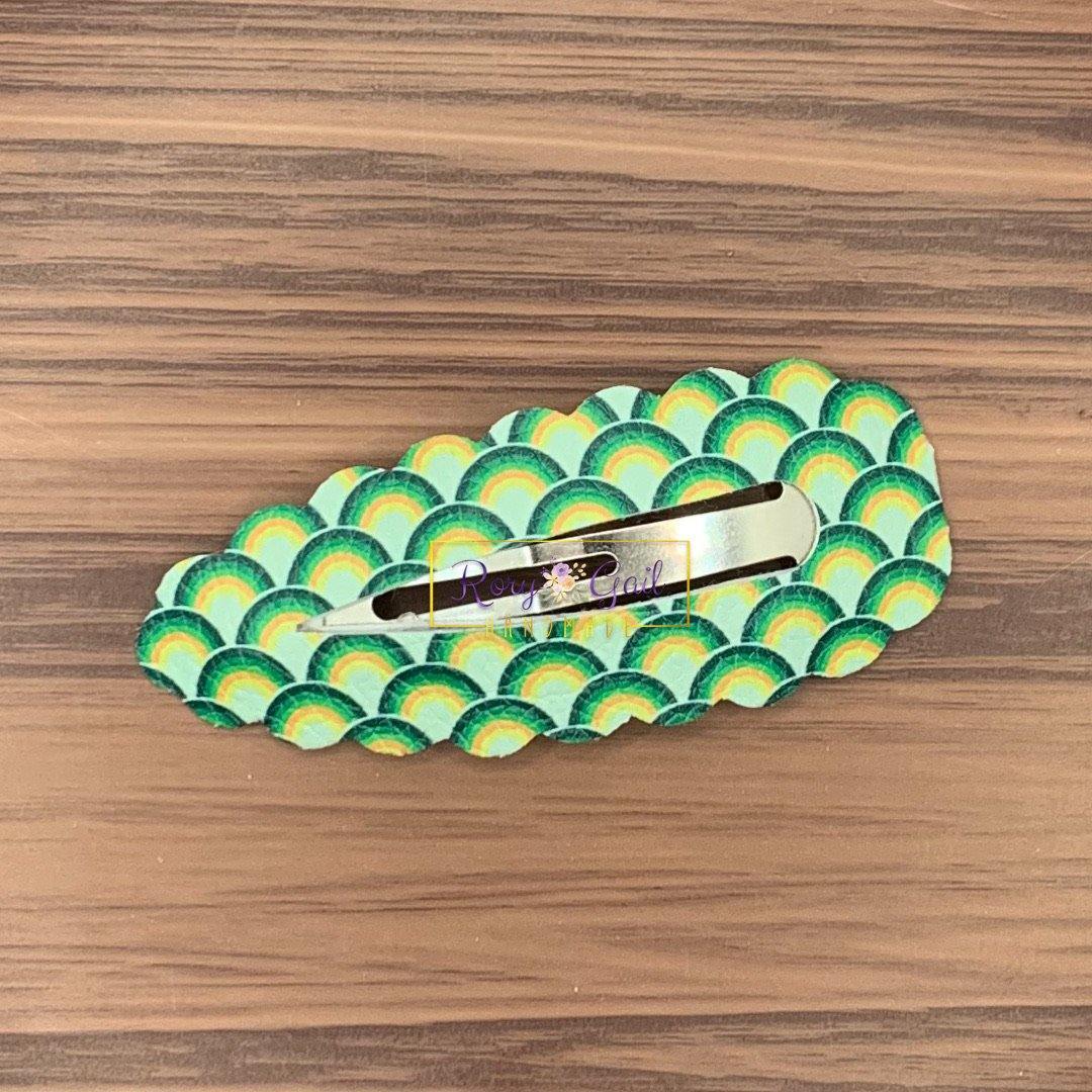 Rory Gail Handmade Clips Green Rainbows Large Scalloped Snap Clips