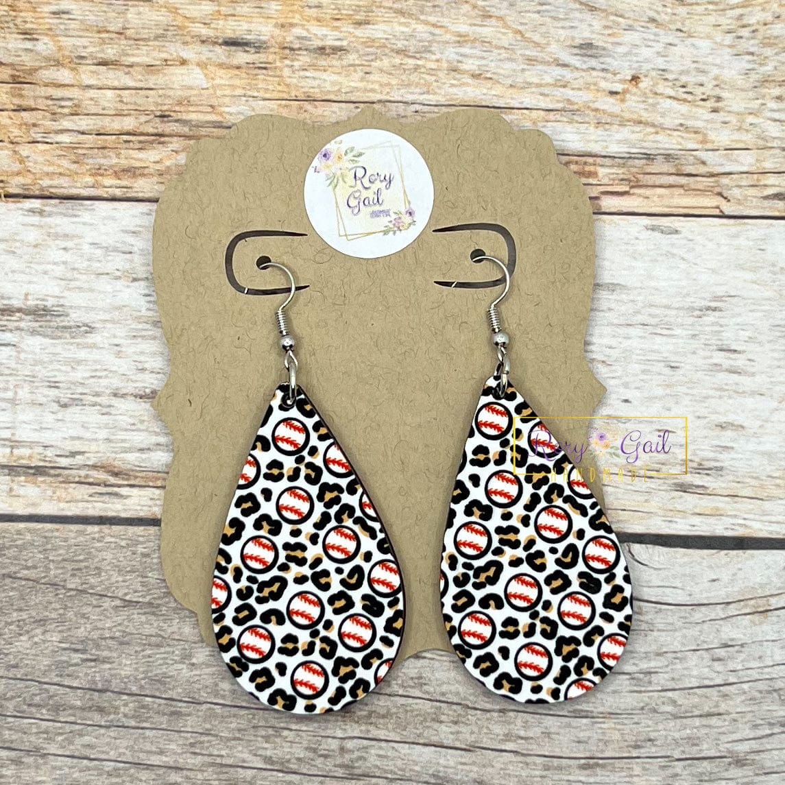 Rory Gail Handmade Earrings Leopard Baseball 2 inch Teardrop Earrings