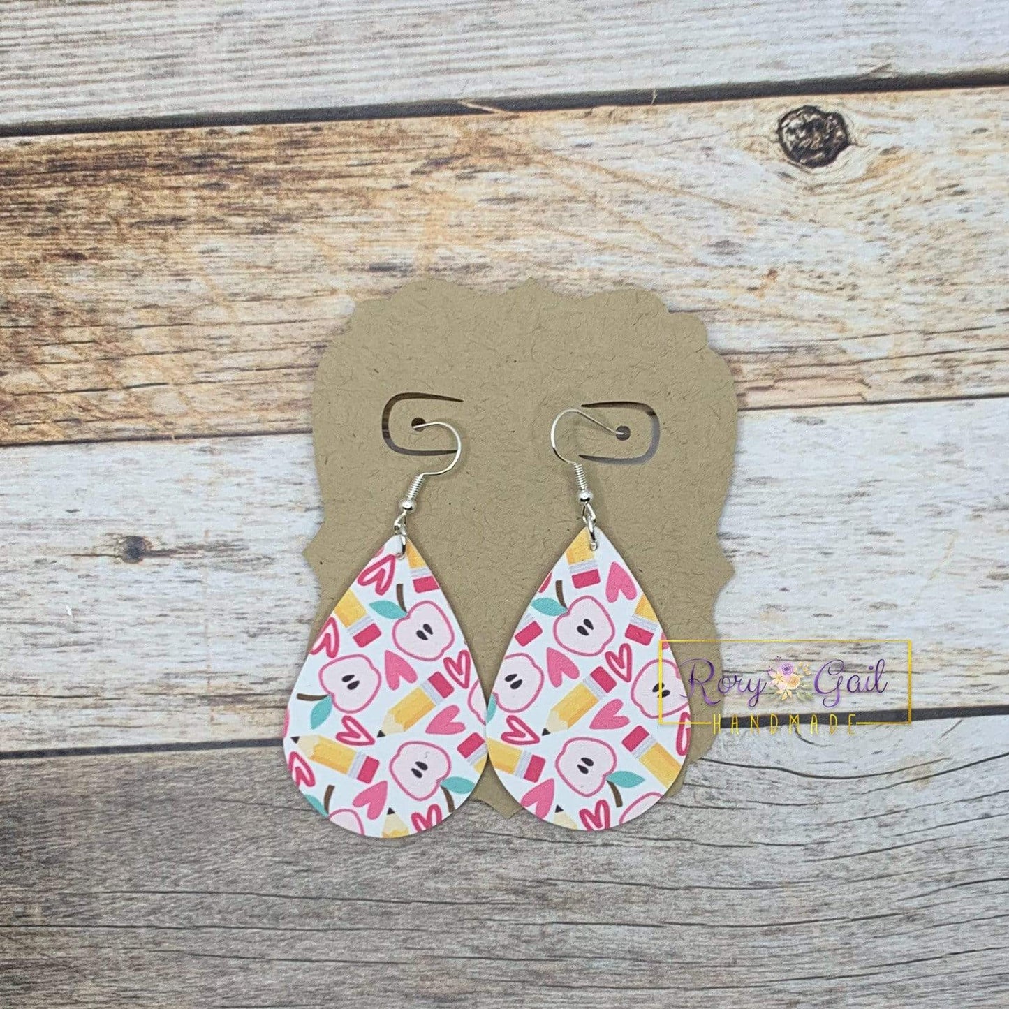 Rory Gail Handmade Earrings Pencils and Apples Double Sided 2 inch Teardrop Earrings
