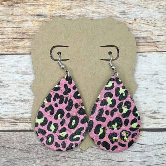 Rory Gail Handmade Earrings Pink Leopard Neons 2 inch Teardrop Earrings