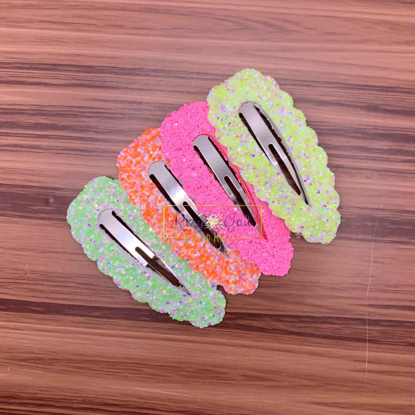 Rory Gail Handmade Highlighter Glitter Large Scalloped Snap Clips