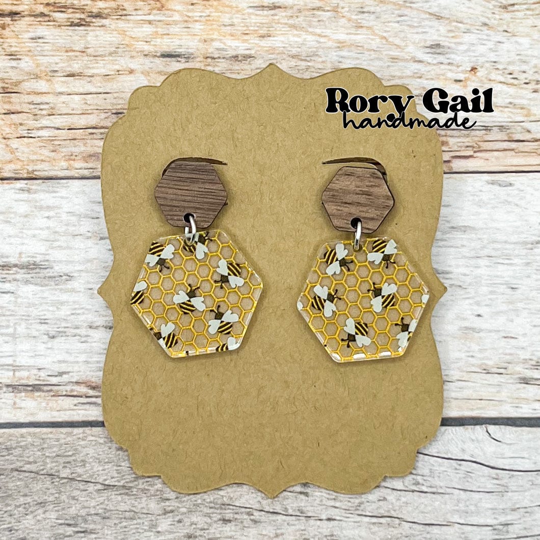 Rory Gail Handmade Honey Bee Acrylic and Wood Earrings