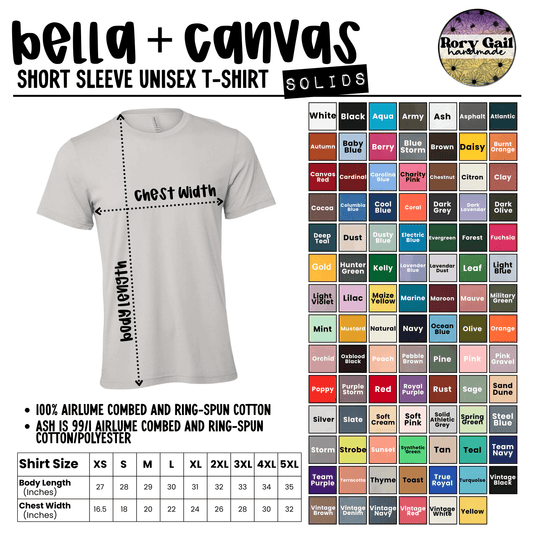 Color and size chart for Bella Canvas 3001 Solid tees

