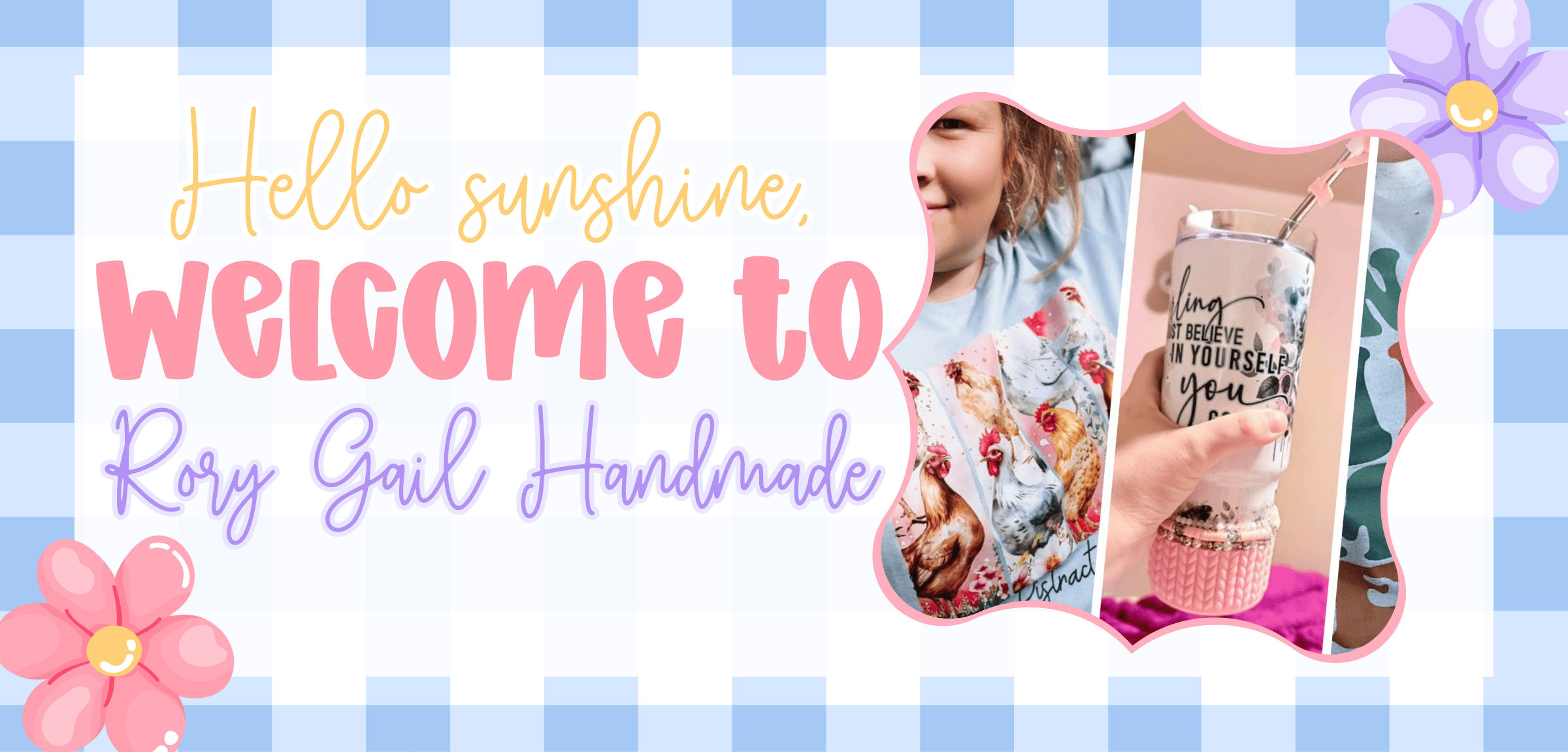 Promotional banner for Rory Gail Handmade with floral designs and product display.