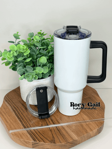 Rory Gail Handmade Black Handle - White Tumbler Just Breathe 40oz Quencher