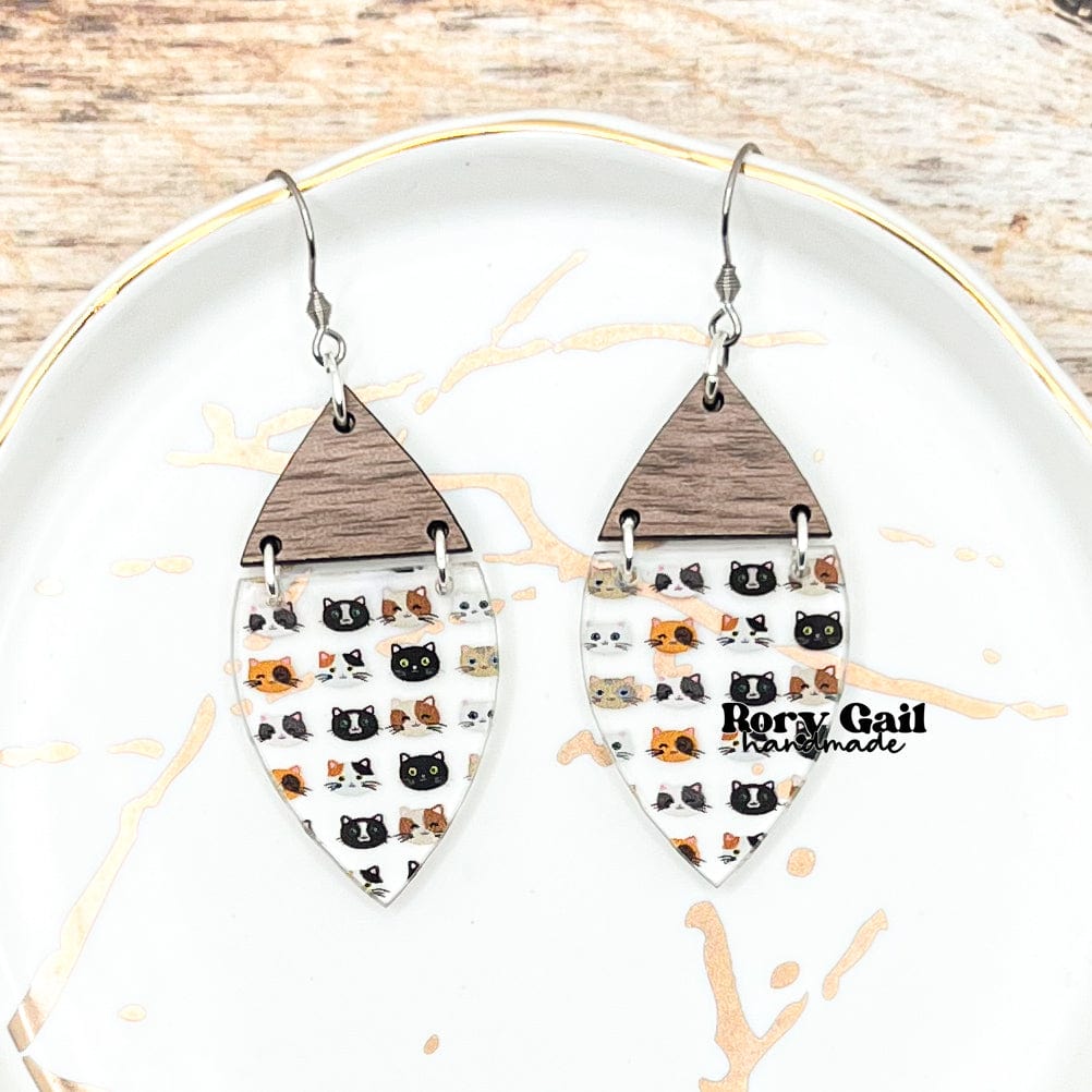 Rory Gail Handmade Cat Faces Wood and Acrylic Earrings