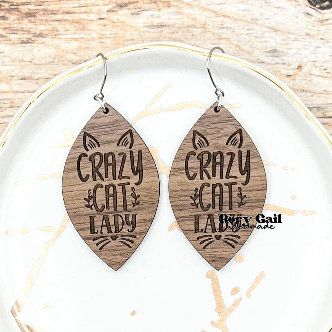 Rory Gail Handmade Crazy Cat Lady Wood Earrings