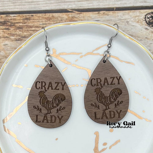 Rory Gail Handmade Crazy Chicken Lady Engraved Wood Teardrop Earrings